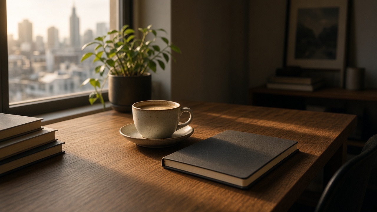 Notebook and coffee on a Melbourne desk in late light