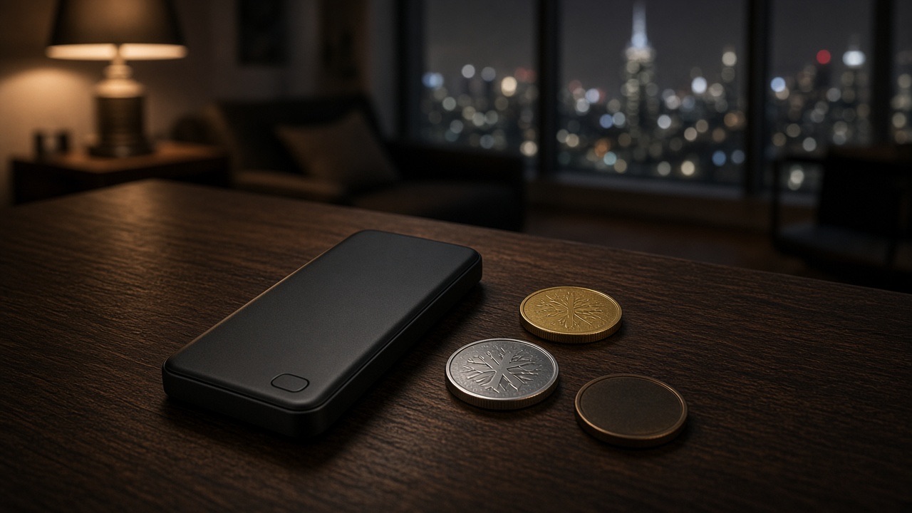 Hardware wallet on a dark wooden table