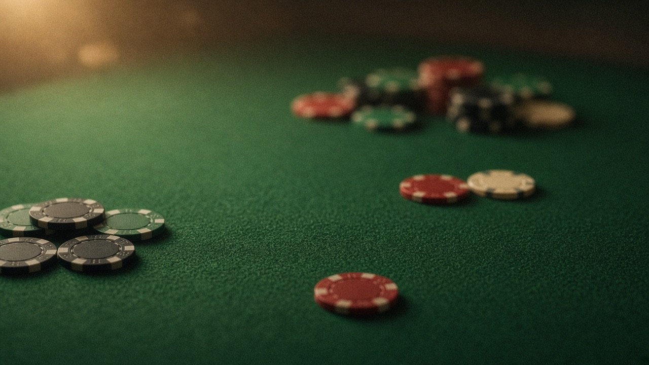 Green felt poker table under a warm lamp